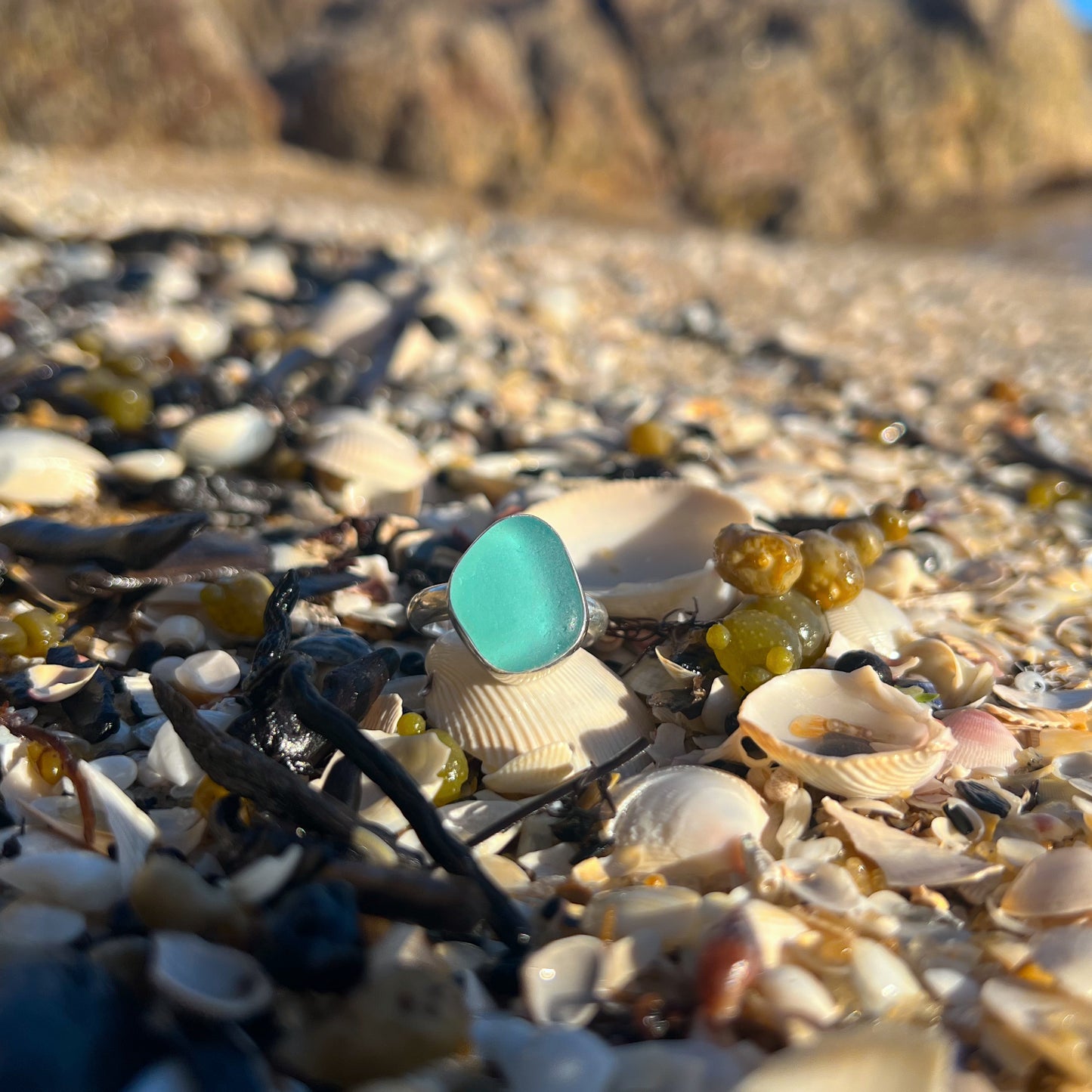 Aqua sea glass set in silver by Mornington Sea Glass. Size 8 1/4.