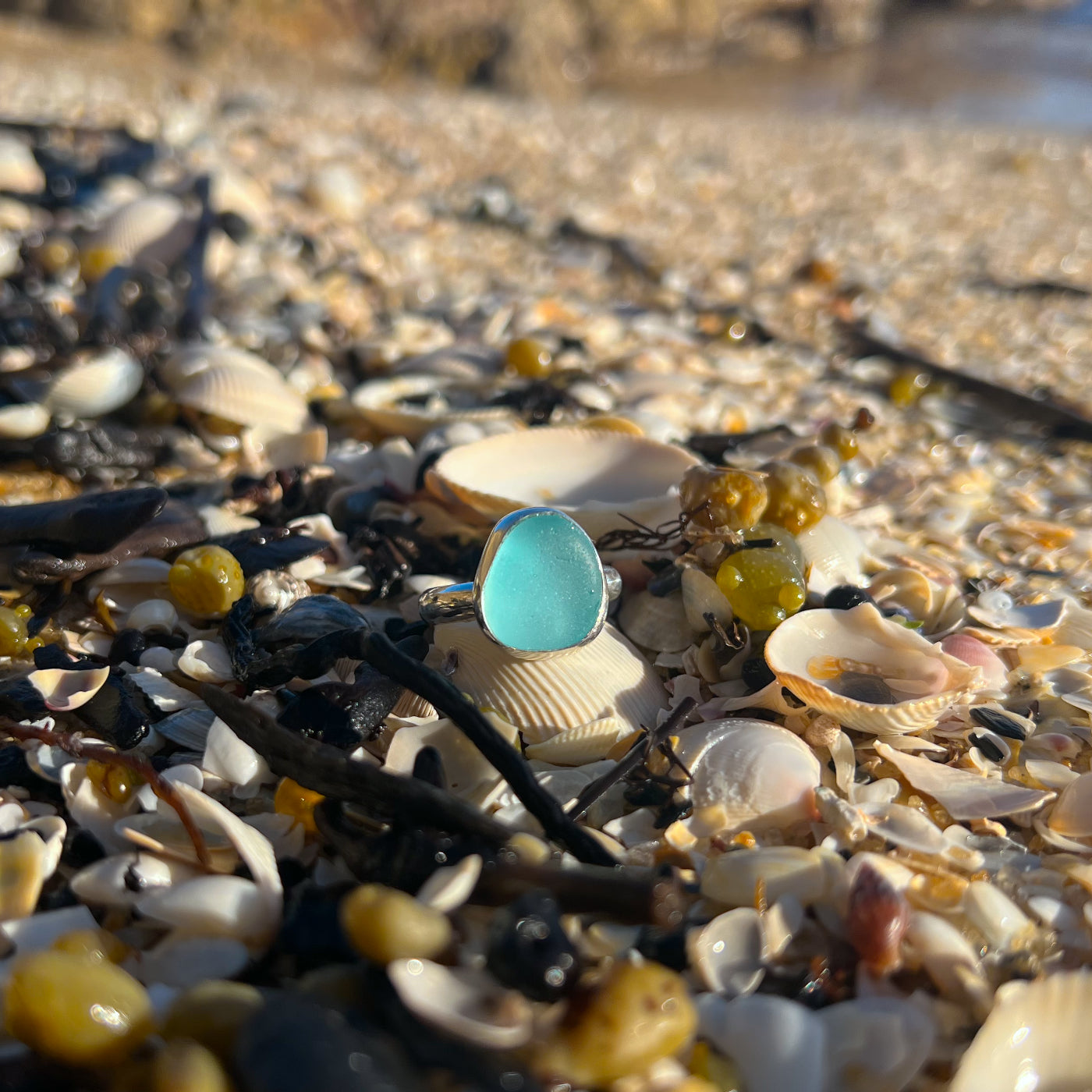 Blue sea glass set in silver by Mornington Sea Glass. Size 8 3/4.