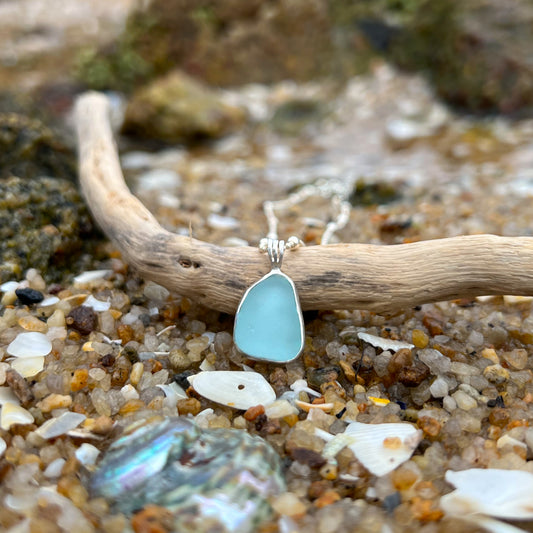 Soft blue sea glass set in silver pendant by Mornington Sea Glass. Comes with a 40 or 45cm sterling silver chain.