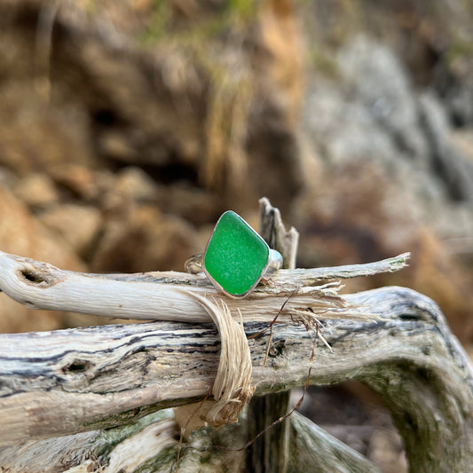 Silver and green sea glass ring in size 7 1/2 by Mornington Sea Glass