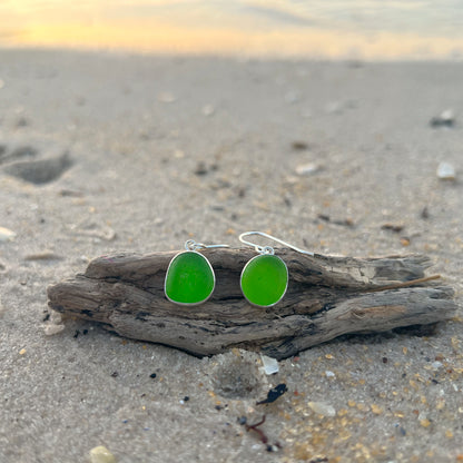 Green sea glass set in silver earrings by Mornington Sea Glass