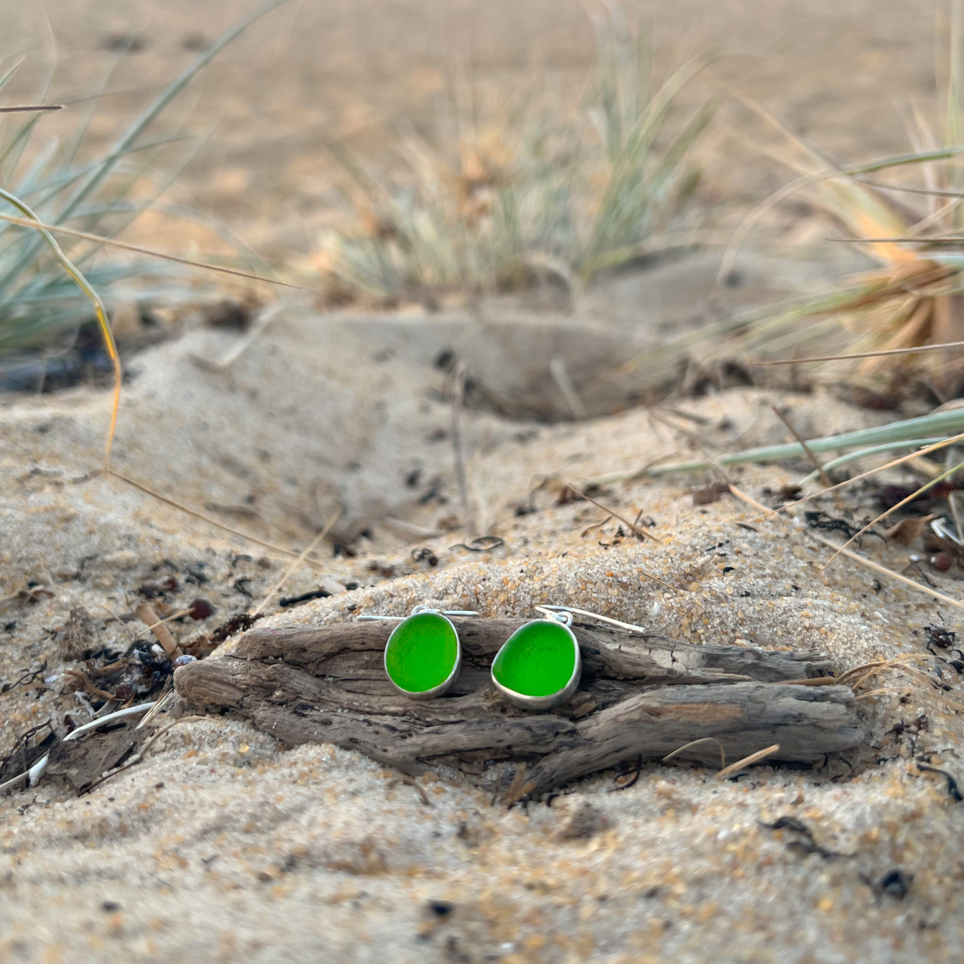 Green sea glass set in silver earrings by Mornington Sea Glass