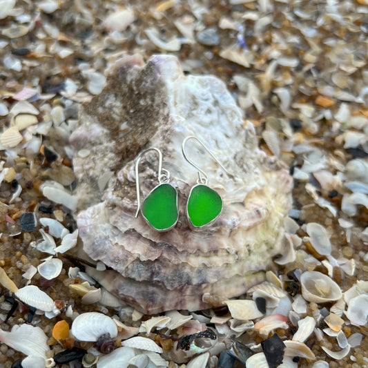 Green sea glass set in silver earrings by Mornington Sea Glass