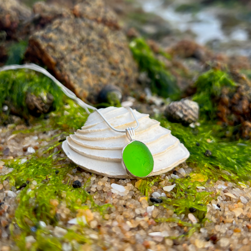 Green sea glass set in silver pendant by Mornington Sea Glass. Comes with either a 40 or 45cm sterling silver chain.