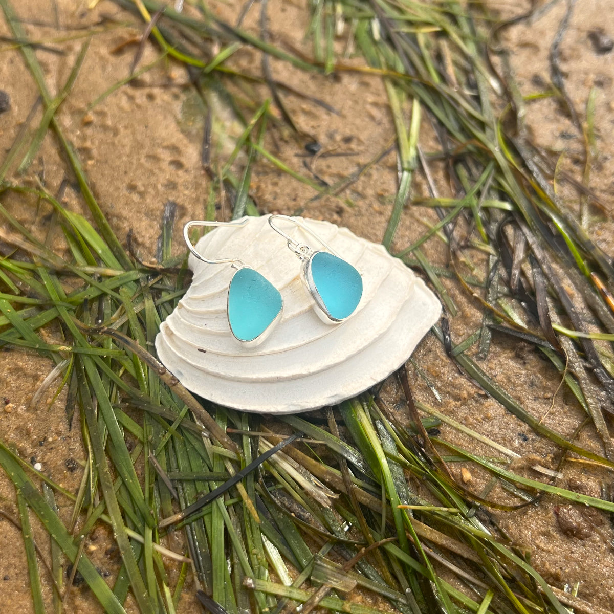 Ocean Teal sea glass set in silver earrings by Mornington Sea Glass