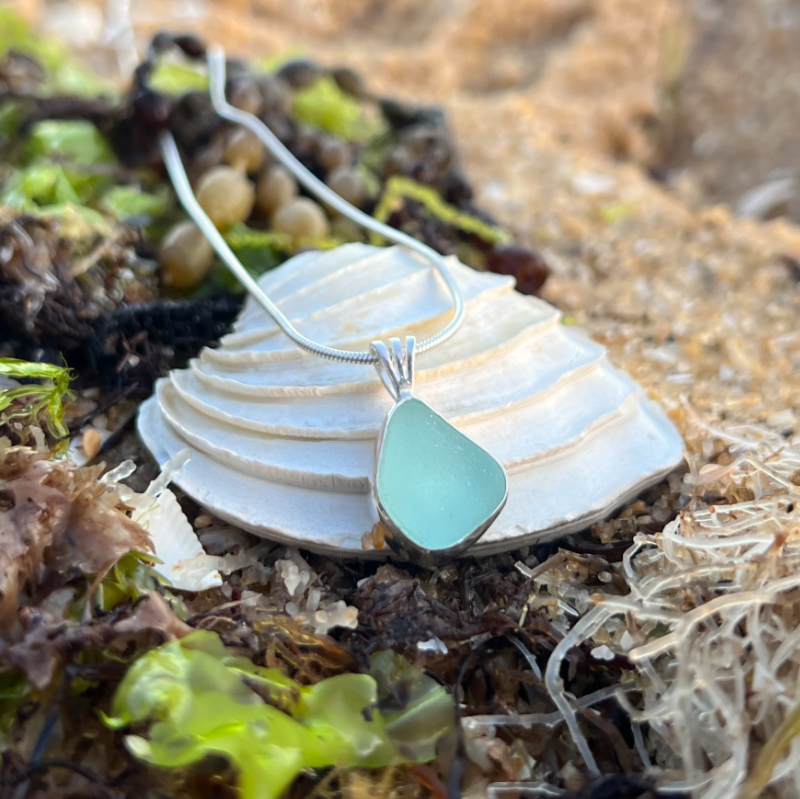 Seafoam sea glass set in silver pendant by Mornington Sea Glass. Hangs on 40cm or 45cm sterling silver snake chain.