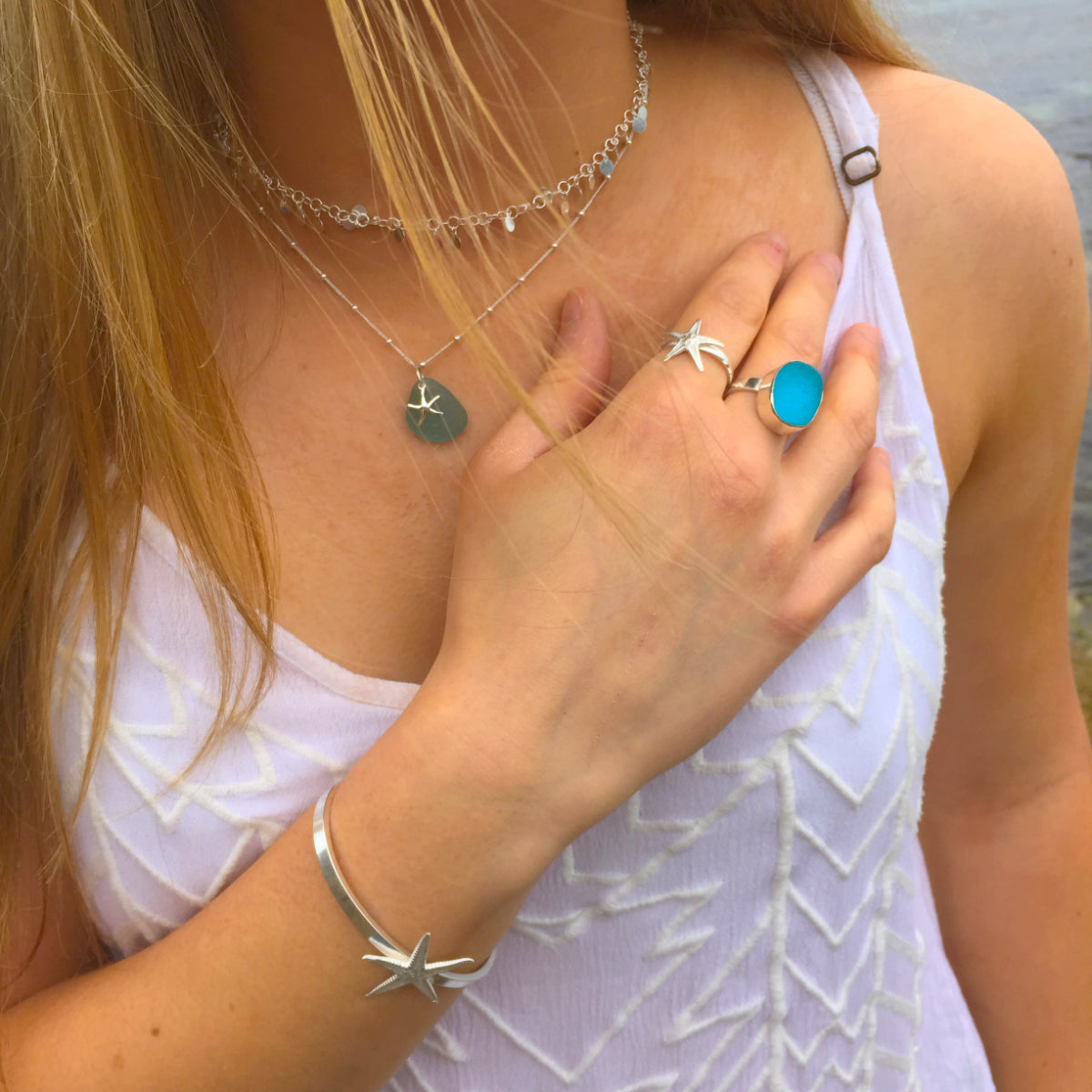 Model wearing sea glass and sea star jewellery by Mornington Sea Glass