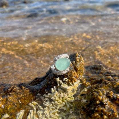 Cast silver octopus tentacle and sea glass ring by Mornington Sea Glass. Size 7 or  N 1/2