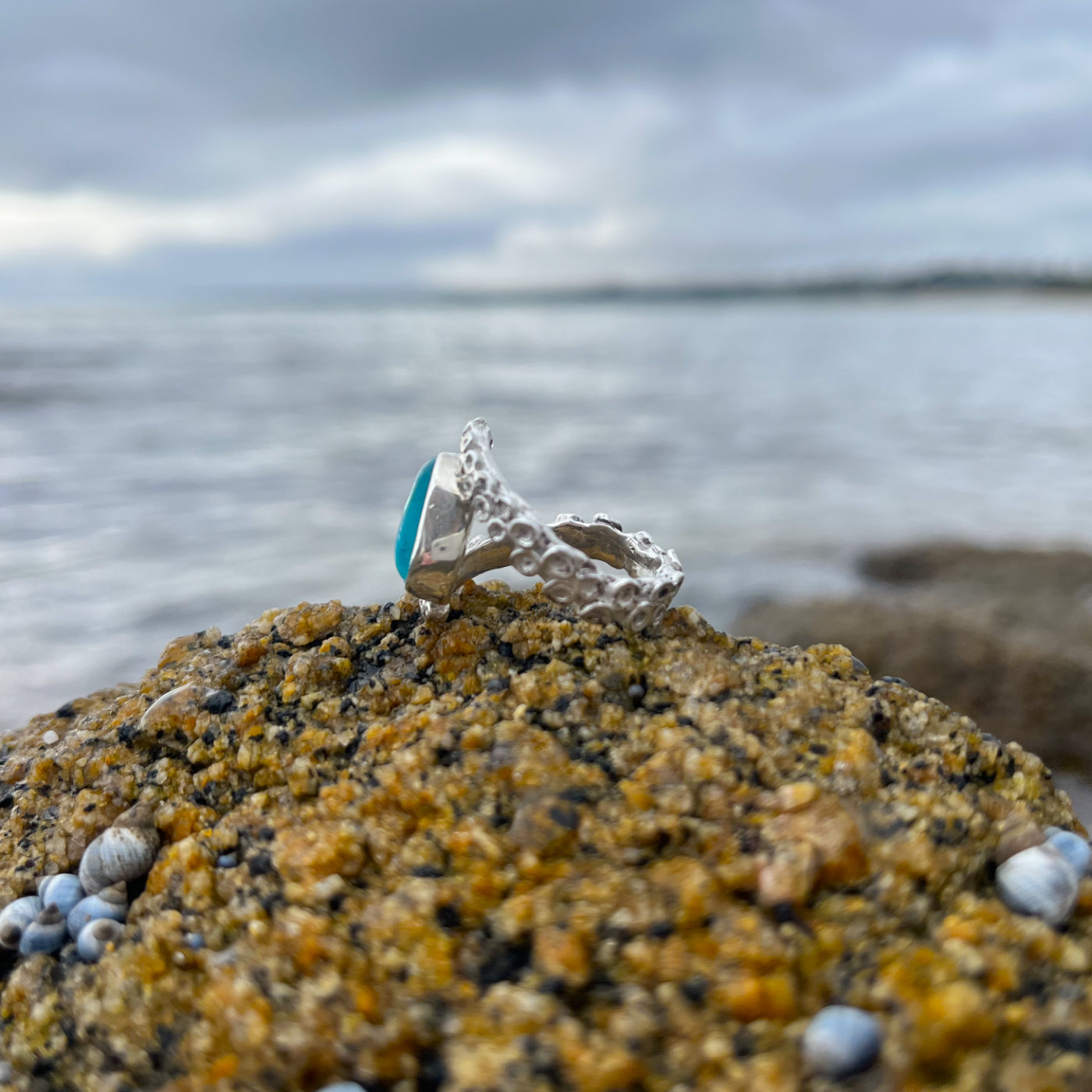 Cast silver octopus tentacle and sea glass ring by Mornington Sea Glass. Size 8 3/4 or R.