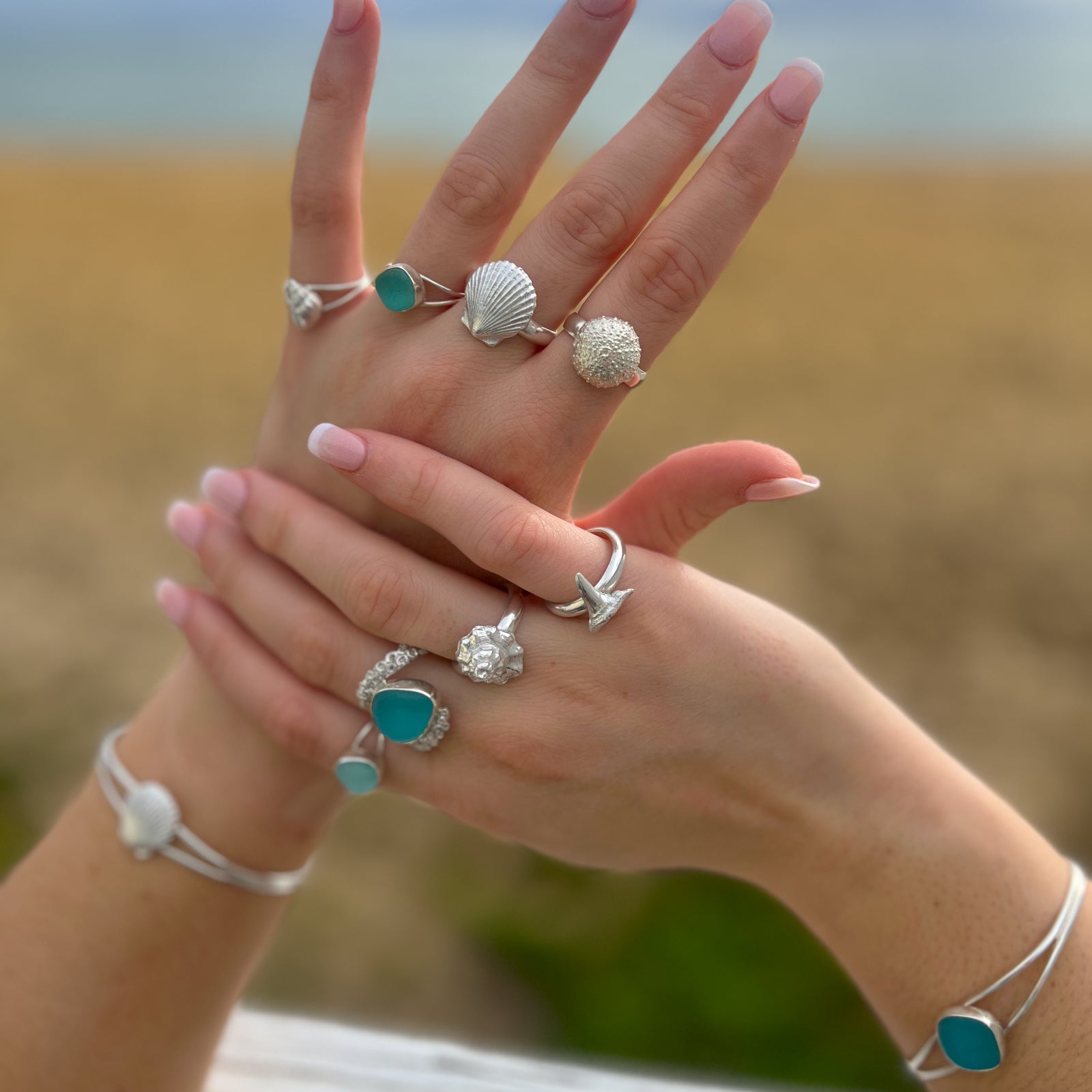 Cast silver and sea glass coastal inspired rings by Mornington Sea Glass. 