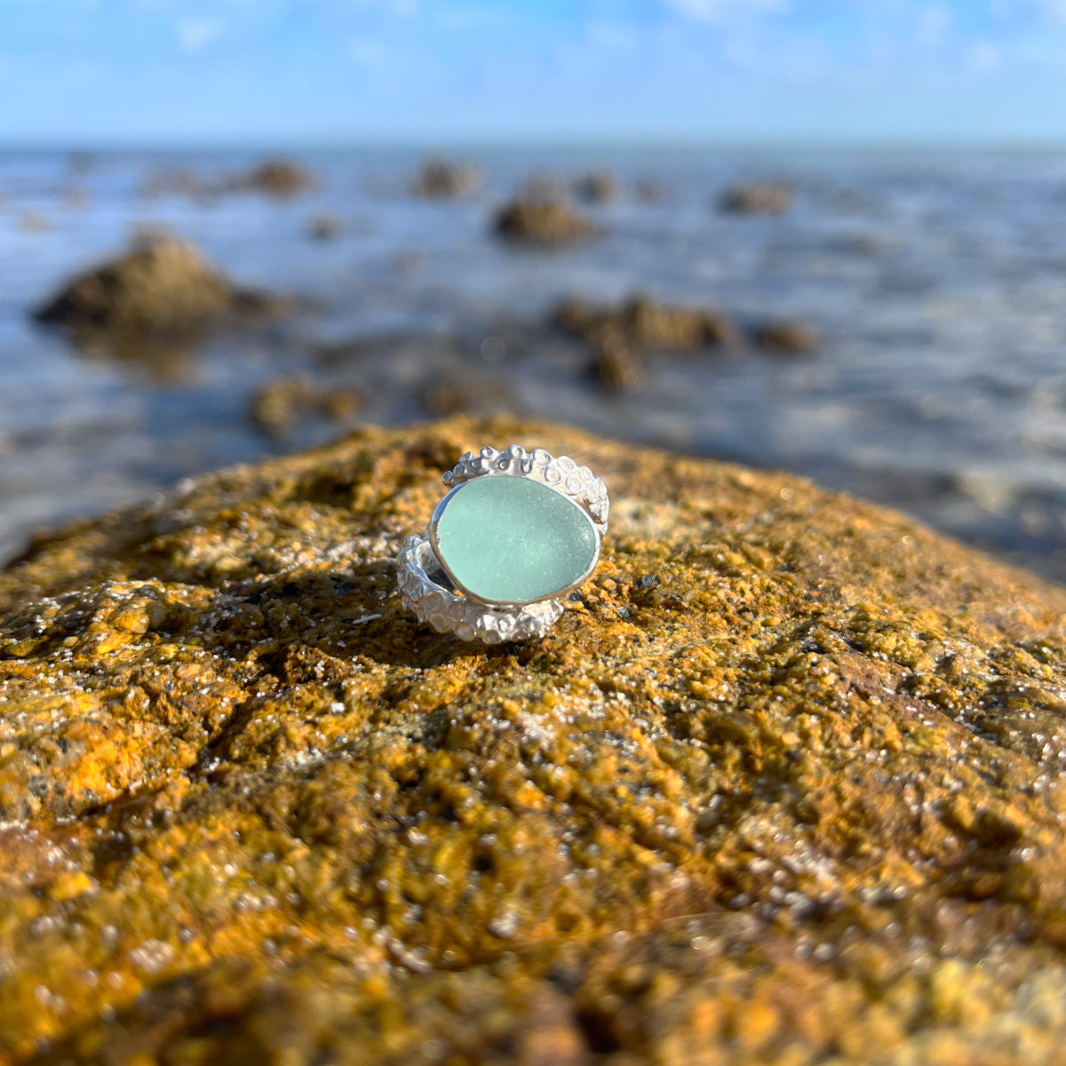 Cast silver octopus tentacle and sea glass ring by Mornington Sea Glass. Size 7 or  N 1/2