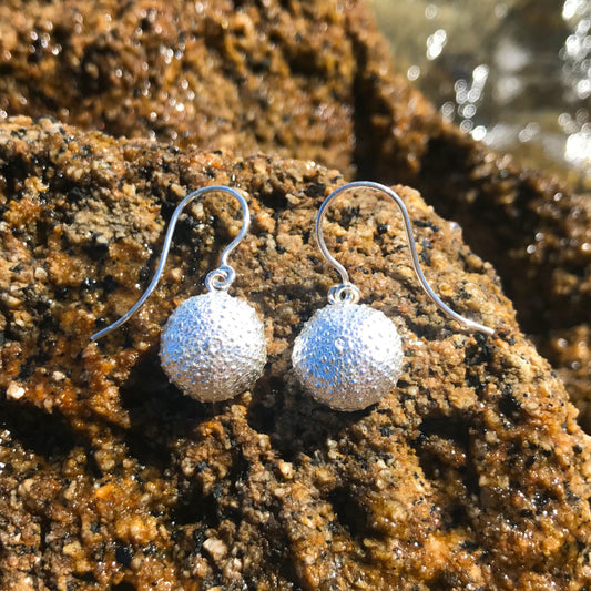 Cast silver sea urchin shell earrings by Mornington Sea Glass