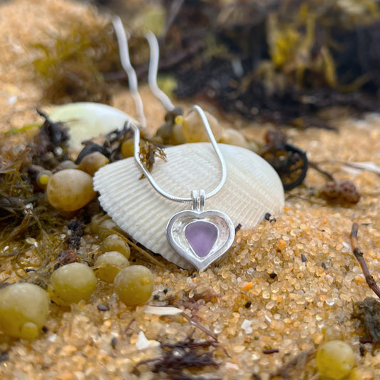 Silver purple sea glass and cast silver heart pendant by Mornington Sea Glass