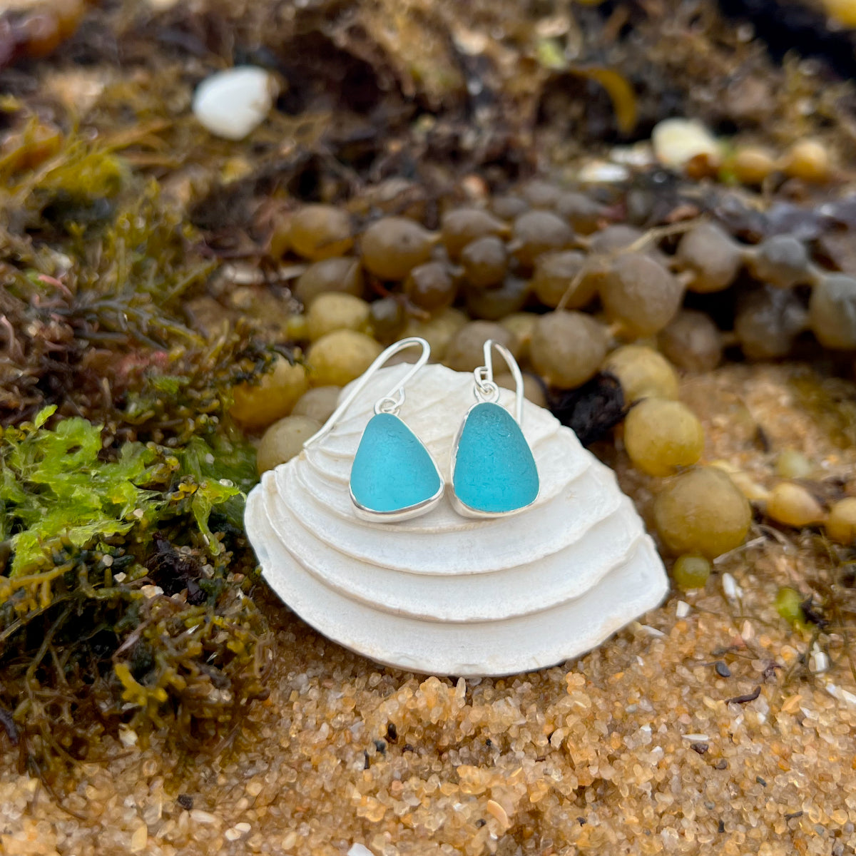 Ocean Teal sea glass set in silver earrings by Mornington Sea Glass