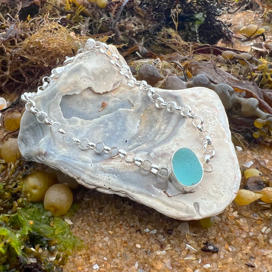 Blue sea glass set in silver bracelet by Mornington Sea Glass.