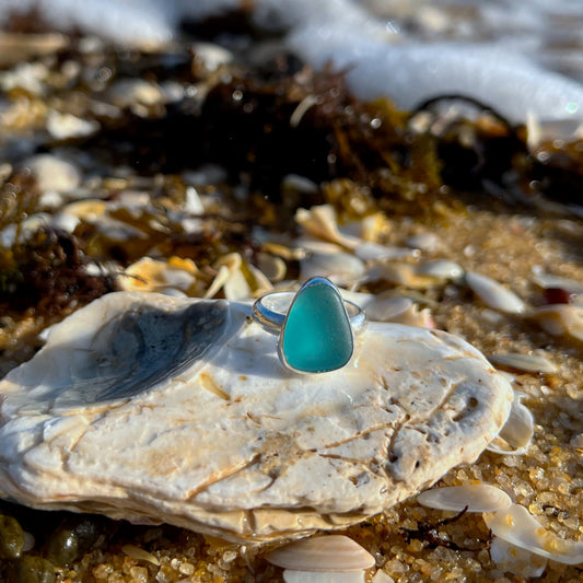 Ocean teal sea glass ring Size 7 1/4 by Mornington Sea Glass