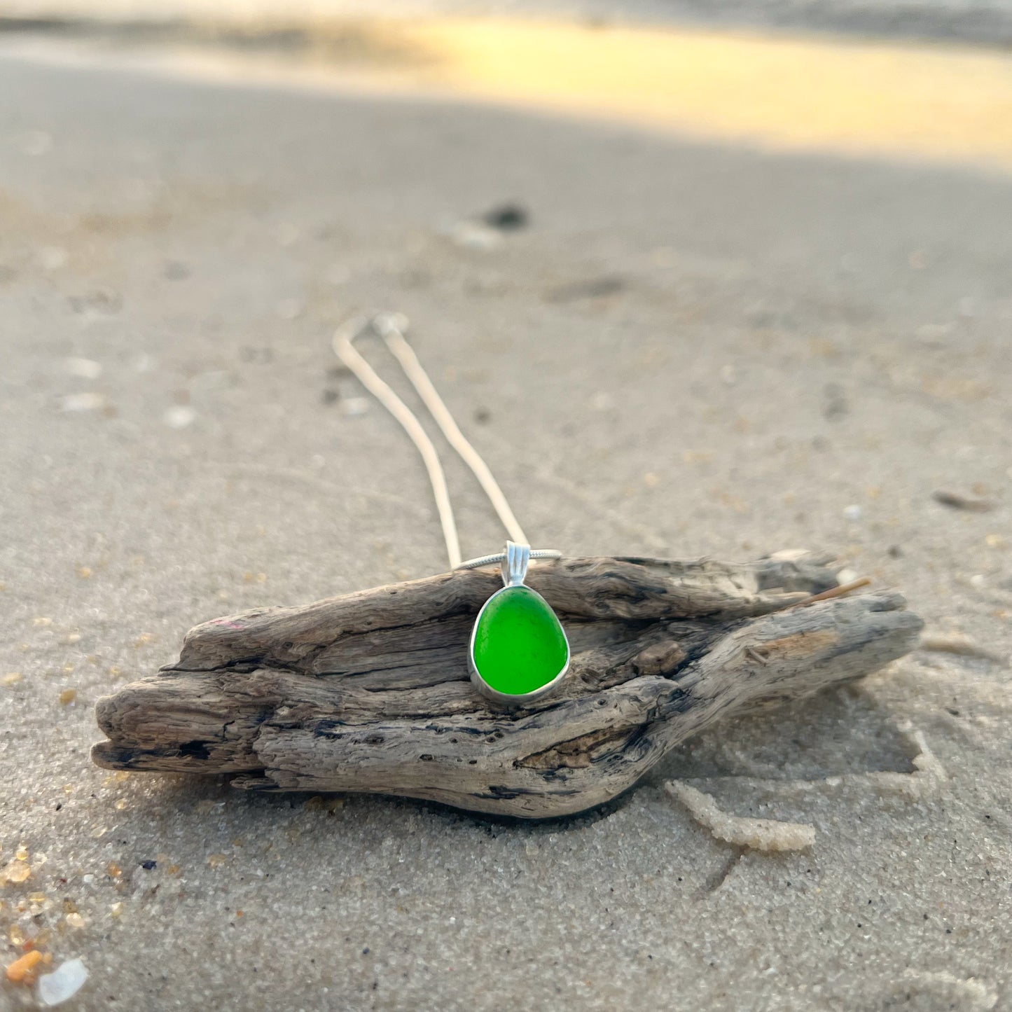 Green sea glass set in silver pendant by Mornington Sea Glass. Comes with either a 40 or 45cm sterling silver chain.