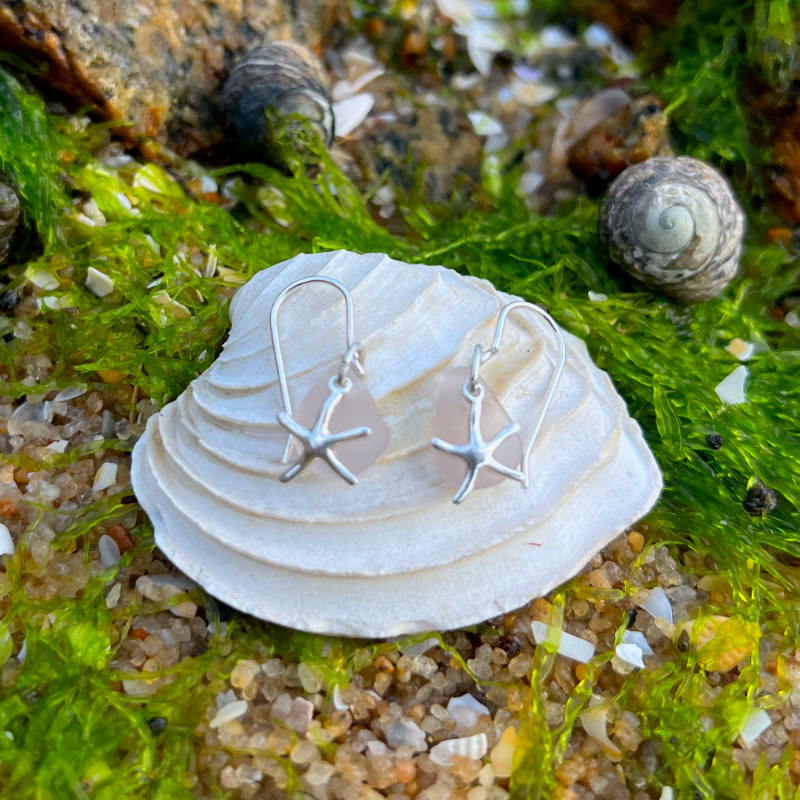 Soft purple  sea glass and silver sea star  earrings  by Mornington Sea Glass