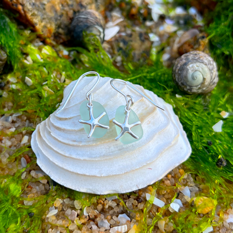 Soft seafoam bllue  sea glass and silver sea star  earrings  by Mornington Sea Glass