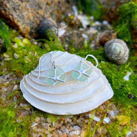 Seafoam blue sea glass and silver sea star  earrings  by Mornington Sea Glass