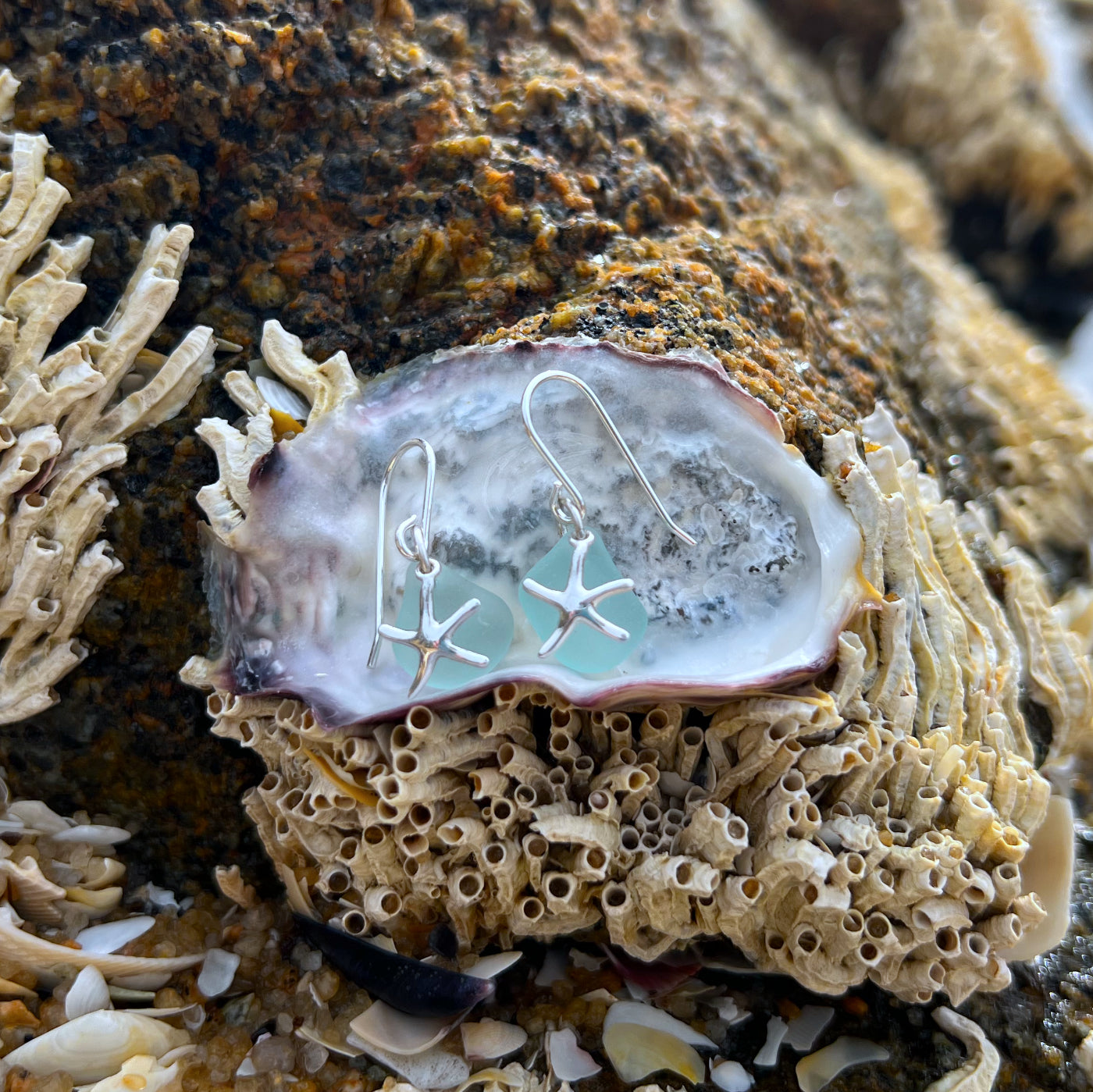 Blue  sea glass and silver sea star  earrings  by Mornington Sea Glass