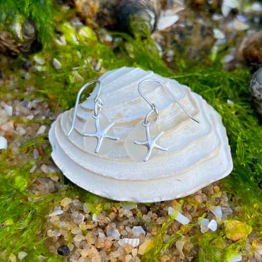 White sea glass and silver sea star earrings  by Mornington Sea Glass.