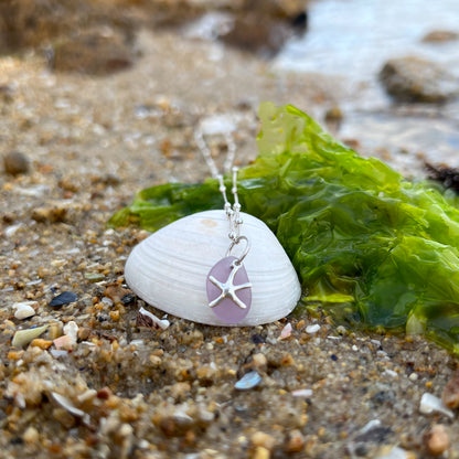 Purple seagrass and steering silver sea star necklace by Morning Sea Glass. Comes with a 40cm with 5cm ext sterling silver ball detail chain.