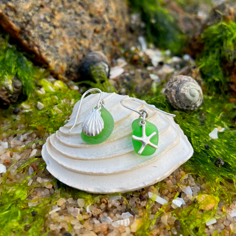 Green sea glass and silver sea star and shell earrings by Mornington Sea Glass