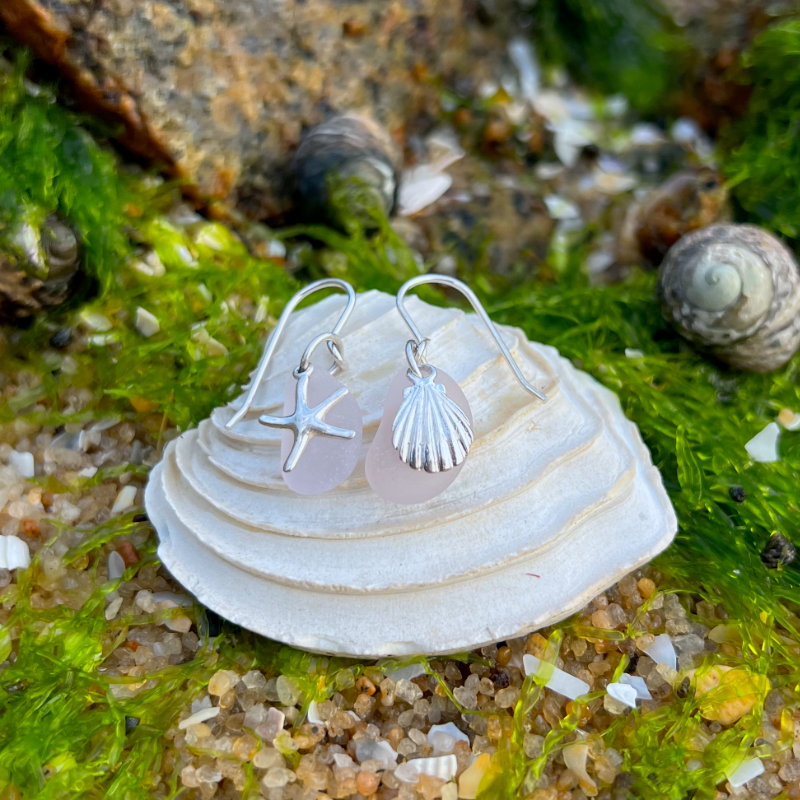 Purple sea glass and silver sea star and shell earrings by Mornington Sea Glass