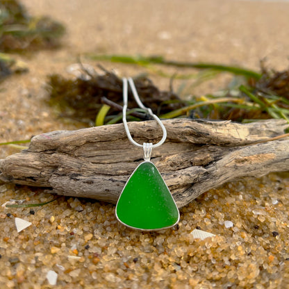 Green sea glass set in silver pendant by Mornington Sea Glass. Comes with a 40 or 45cm sterling silver snake chain.