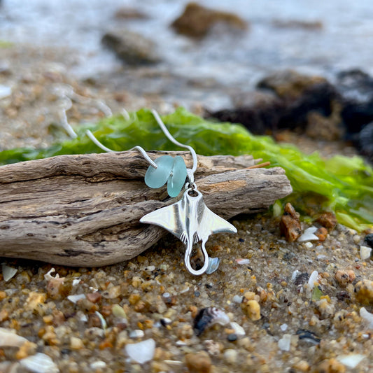 Blue sea glass and sterling silver stingray charm on a 40 or 45cm sterling silver snake chain by Mornington Sea Glass.