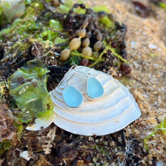 Blue sea glass set in silver earrings by Mornington Sea Glass