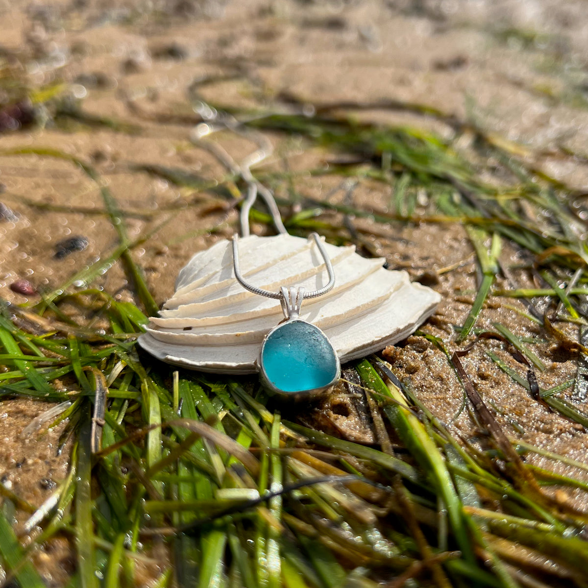 Ocean Teal sea glass set in silver pendant by Mornington Sea Glass. Comes with a 40 or 45cm snake chain.