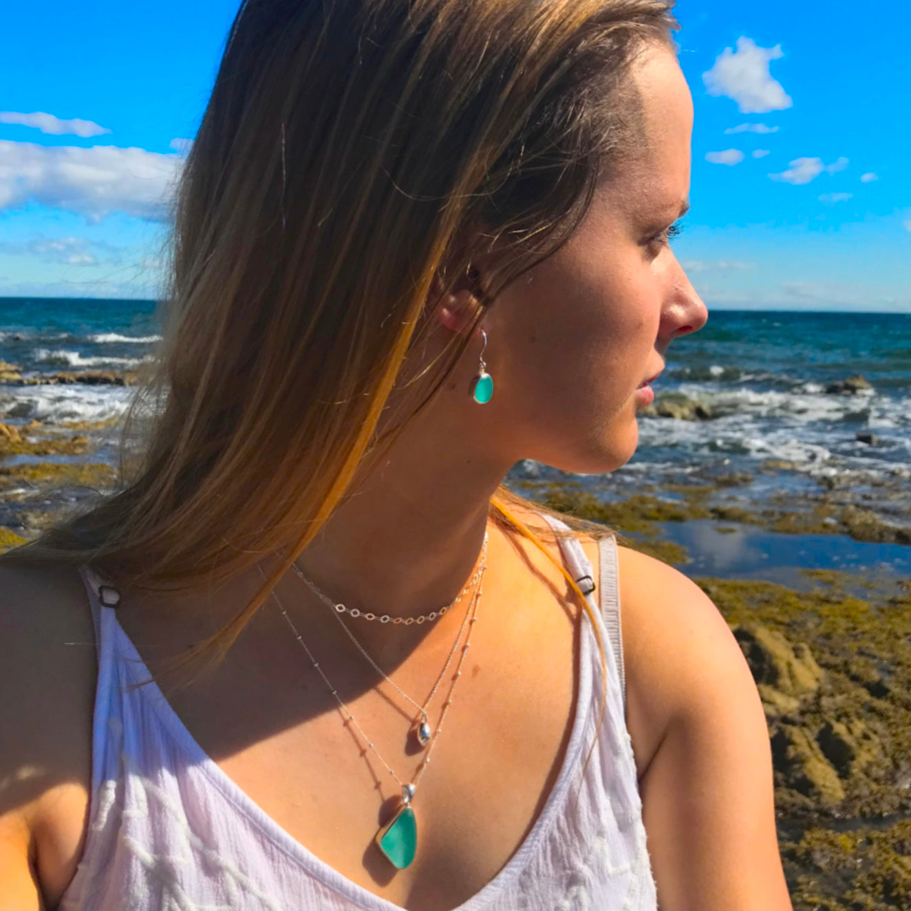 Model wearing sea glass jewellery by Mornington Sea Glass