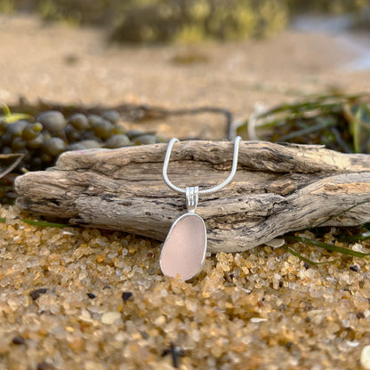 Soft pink/peach sea glass silver pendant by Mornington Sea Glass. Comes with a 40 or 45cm sterling silver chain.