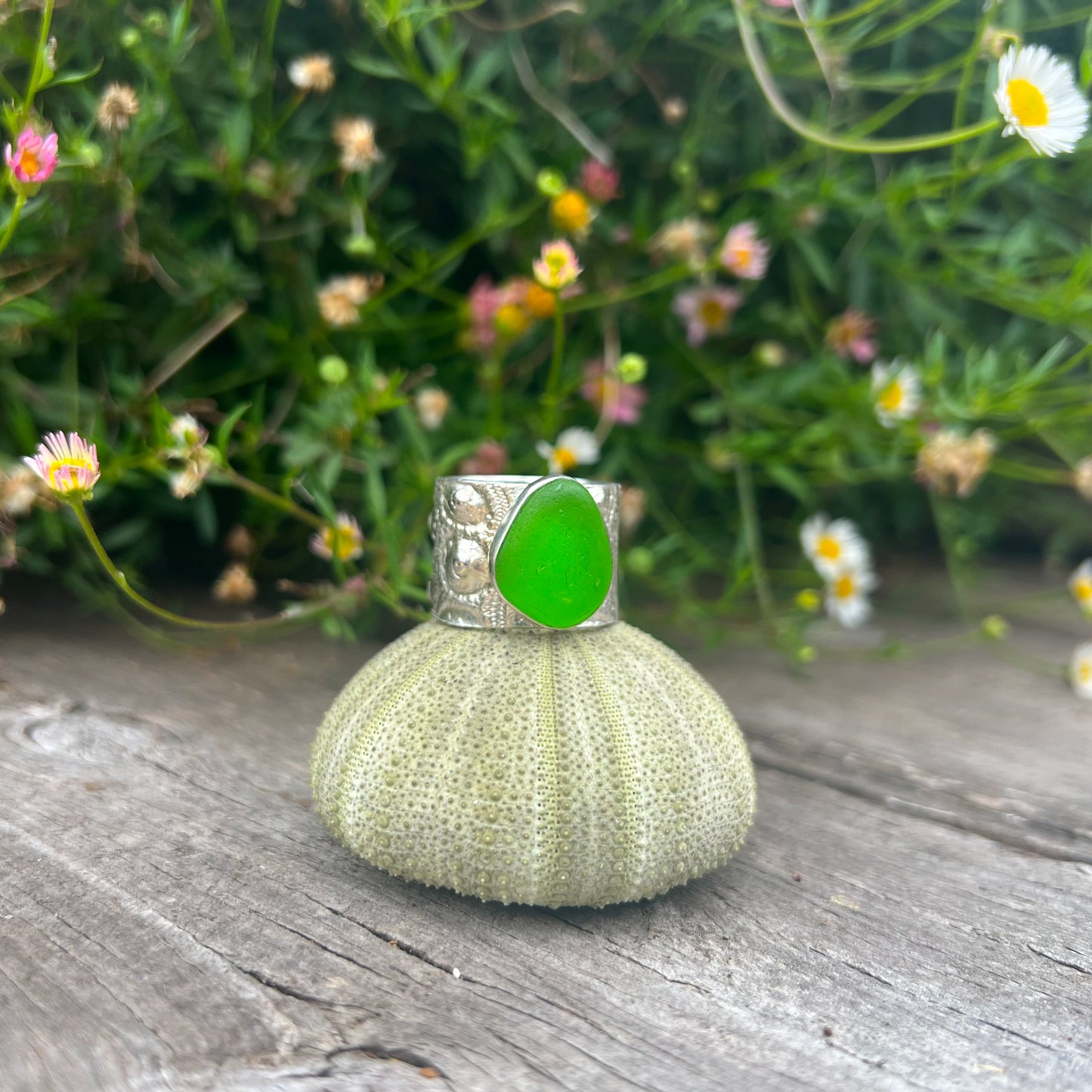 Cast silver sea urchin ring band with green sea glass by Mornington Sea Glass. Size 9 or R1/2.