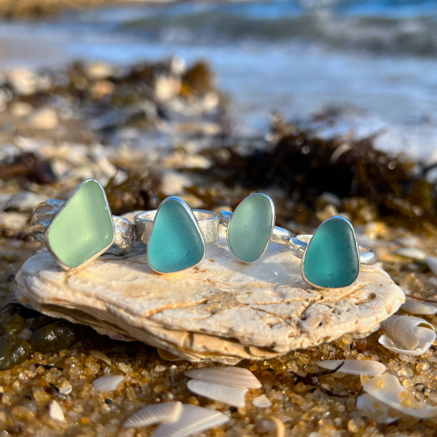 Sea glass set in silver rings by Mornington Sea Glass