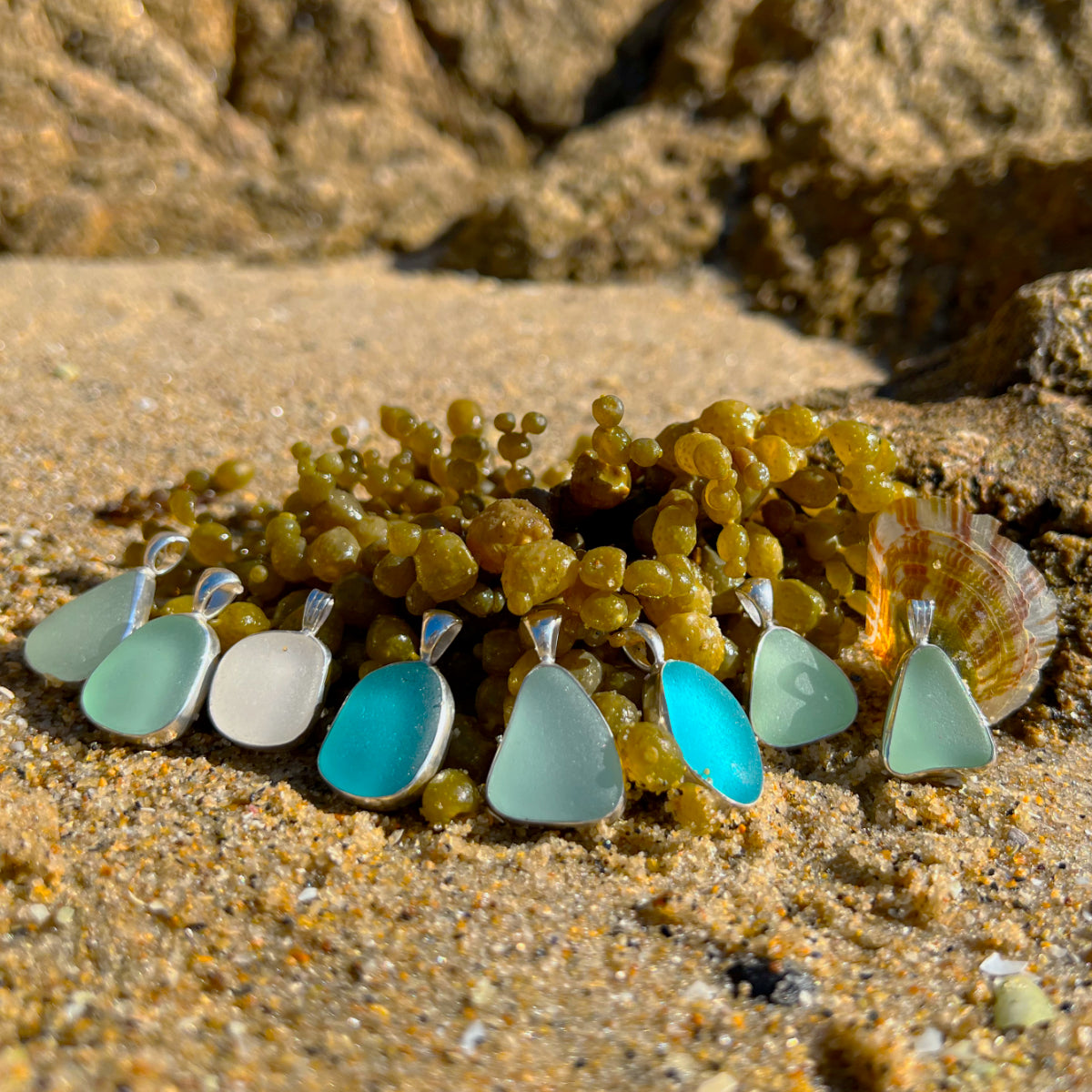 Sea glass and silver pendants by Mornington Sea Glass.